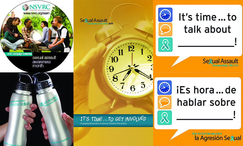 Previous SAAM materials: a CD cover, water bottles that say "Sexual Assault Awareness Month" in English and Spanish, a poster that says "It's time...to get involved," and stickers that say "It's time...to talk about ____!" and "Es hora...de hablar sobre_____"
