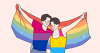 Two people side huge while both holding the rainblow flag. An Animation 