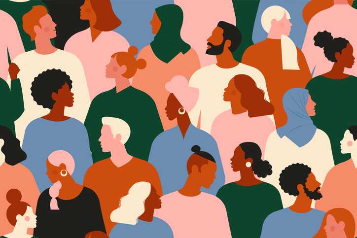 Crowd of young and elderly men and women in trendy hipster clothes. Diverse group of stylish people standing together. Society or population, social diversity. Flat cartoon