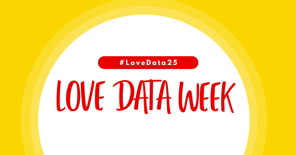 "#LoveData 25 Love Data Week" Red text in a white circle in front of a yellow background