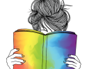a black and white reader reads a book that is painted in rainbow pride colors. The book covers their face as they are holding it. 