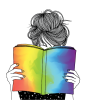a black and white reader reads a book that is painted in rainbow pride colors. The book covers their face as they are holding it. 