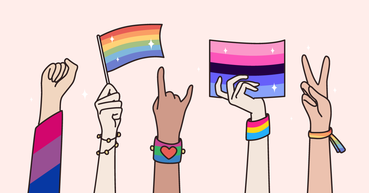 Many hands wearing rainbow bracelets and sleeves are uplifted in empowerment, the first makes a fist, the second holds a rainbow pride flag, the third makes a 'hang loose' sign with the hand, the third holds the bisexual flag, the last makes a peace sign.