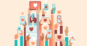 Illustration of people holding up phones and laptops with hearts on them