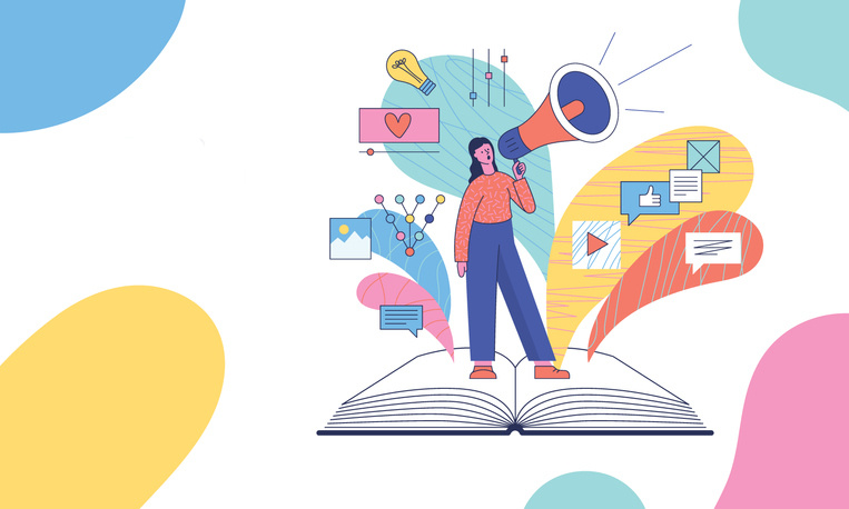 Graphic shows colorful inkblot on each corner, and the drawing of a girl standing on a book with a bullhorn, and different communication symbols coming out, like social media likes.